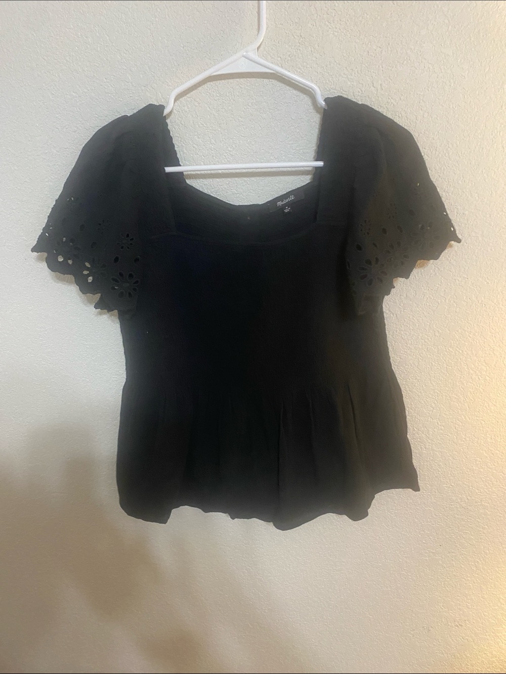 Madewell Black Eyelet Flutter Sleeve Peplum Top